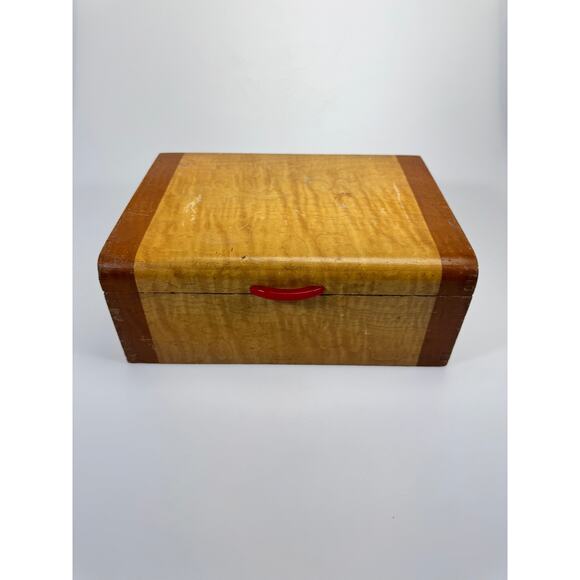 Vintage Vintage Streamlined Design Wooden Jewelry Box with Red Bakelite Handle